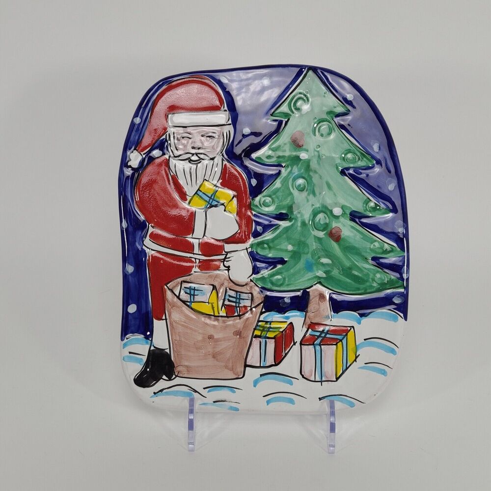 Holiday Christmas Pottery Trivet Made in Italy Santa Presents Tree